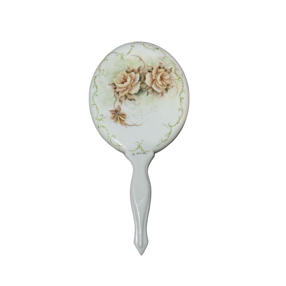 Vintage D. Smith Signed Hand Painted‎ Ceramic Rose Floral Vanity Mirror White